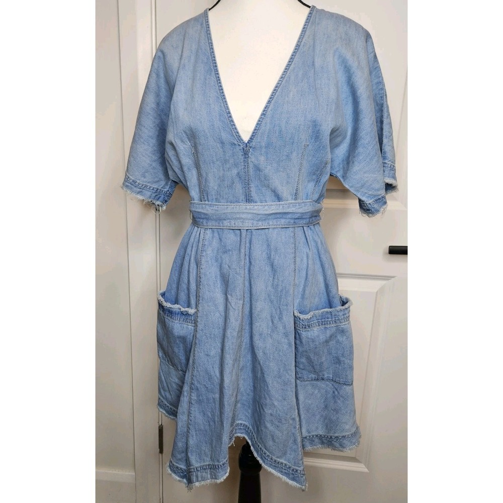 Free People Denim Asymmetrical Hem Mini Dress Size 4 Belted Dolman Sleeve Deep V
